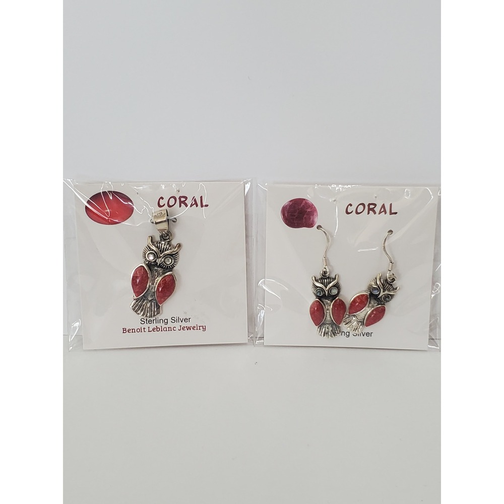 Benoit Leblanc Sterling Silver Red Coral Owl Pendant and Earrings Jewelry Set